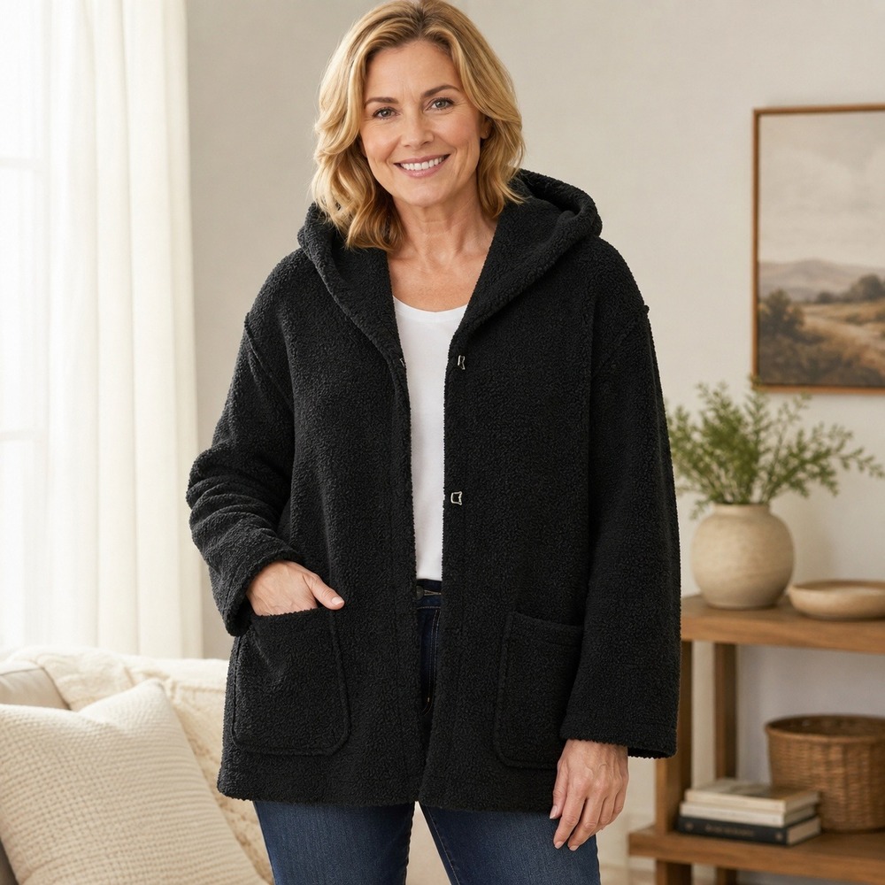 Max Studio Women's S Black Faux Fur Teddy Hooded Coat Jacket 9708Z21
